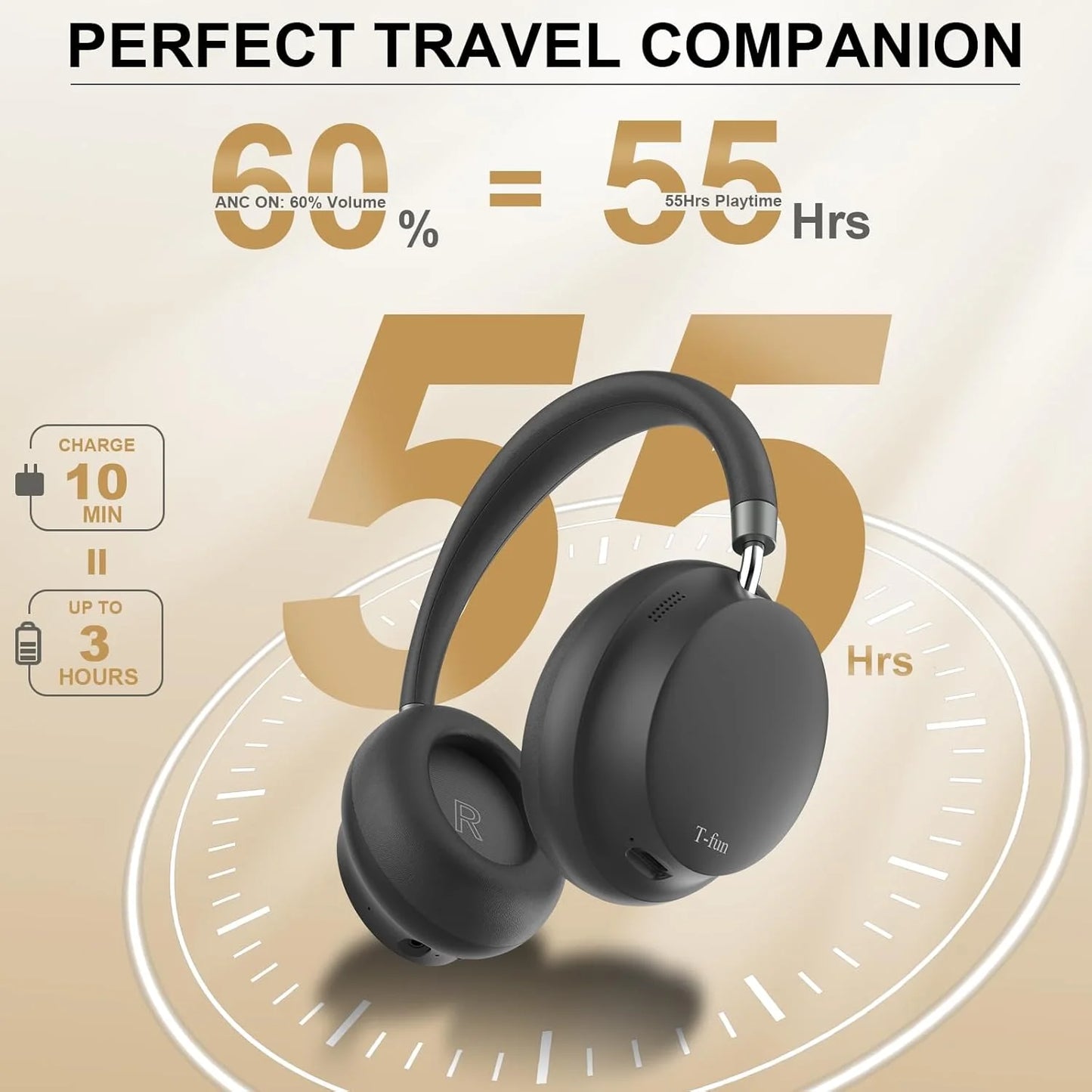 T-Fun NC45 Wireless ANC Headphones – Over-Ear Hi-Res Audio with Mic & Bluetooth
