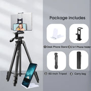 Tripod for Camera and Tablet 60 Inch Aluminum Phone Tripod with Remote Control Mount Holder for DSLR iPad and Android Devices