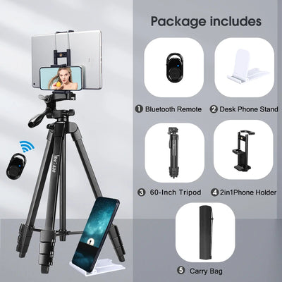 Tripod for Camera and Tablet 60 Inch Aluminum Phone Tripod with Remote Control Mount Holder for DSLR iPad and Android Devices