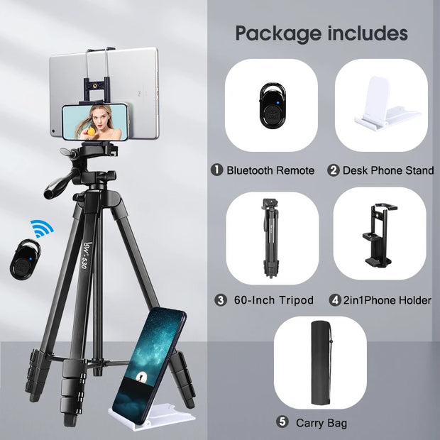Tripod for Camera and Tablet 60 Inch Aluminum Phone Tripod with Remote Control Mount Holder for DSLR iPad and Android Devices