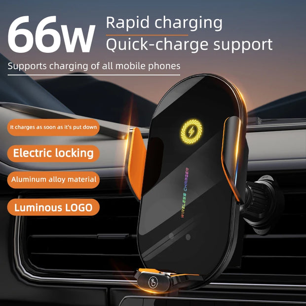 66W Magnetic Wireless Car Phone Holder Charger Automatic Induction Fast Charging Black