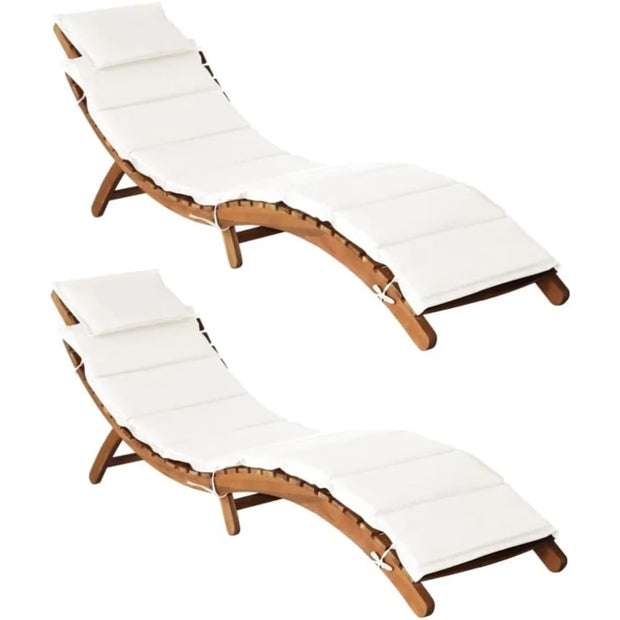 Modern Cream White Sun Loungers with Cushions – Foldable Solid Acacia Hardwood for Outdoor