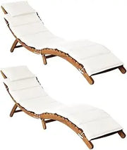 Modern Cream White Sun Loungers with Cushions – Foldable Solid Acacia Hardwood for Outdoor