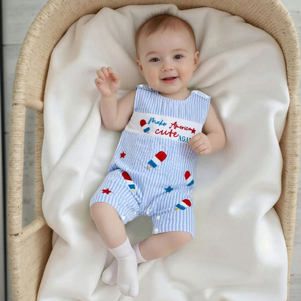 Toddler Girls 4th of July Sleeveless Romper – Popsicle Print Striped Jumpsuit with Embroidery