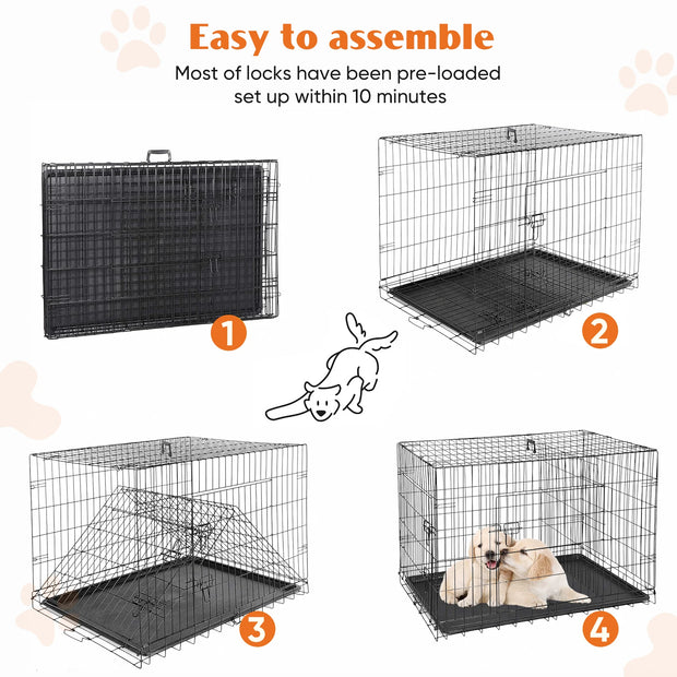 JHK Double Door Folding Metal Wire Dog Cage with Plastic Leak-Proof Pan Tray Extra Large Pet Kennel for Indoor Outdoor Travel - My Variety Superstore 25
