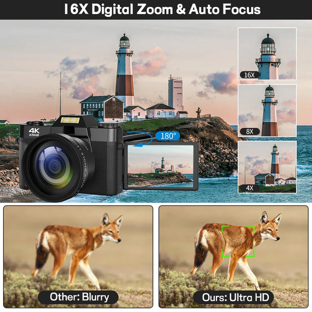 Compact Digital Photography Camera 4K WIFI Webcam Retro Vlog Recorder YouTube 64MP Camcorder 3 Inch Flip Screen Wide Angle Lens - My Variety Superstore 25