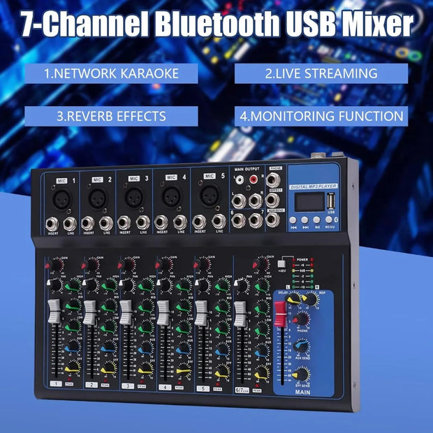 Professional 7 Channel Audio Mixer with Bluetooth 48V Phantom Power and 6 EQ Modes Compact DJ PA Sound Board for Live Performance - My Variety Superstore 25
