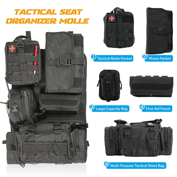 Car Seat Back Molle Organizer Tactical with 5 Molle Pouches Universal Vehicle Panel Protector Storage Bag Cover