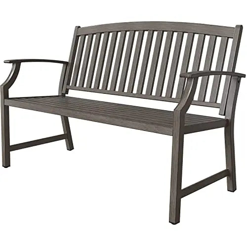 52” Farmhouse Outdoor Garden Bench – Faux Wood Grain Finish & Aluminum Backrest for Porch