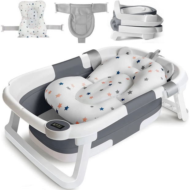 Foldable Baby Bathtub – Real-Time Temp Display, Non-Slip Design & Cushion Support for Shower