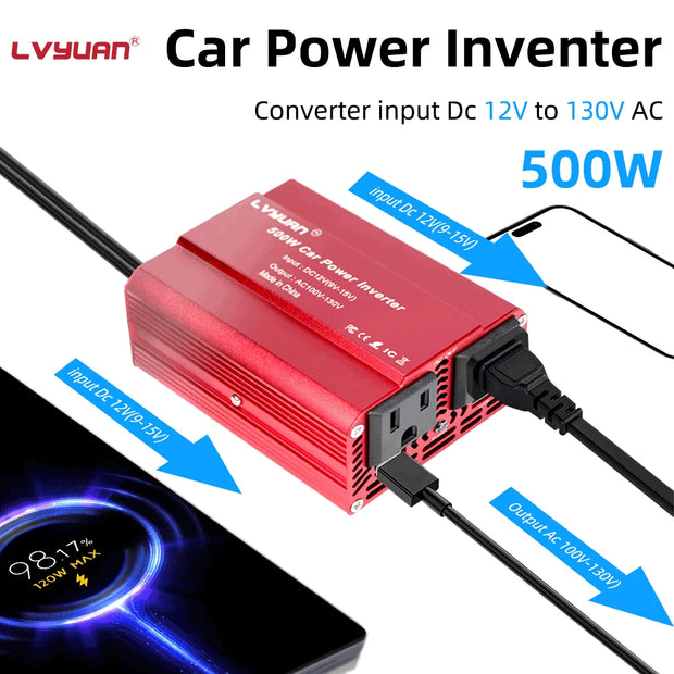 300W 500W Car Inverter DC12V AC110V Outdoor Portable Charger Converter Cigarette Lighter US Socket