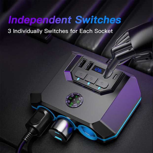120W Car Socket Charger Adapter – USB Fast Charger Splitter with LED Voltmeter & Multi Ports