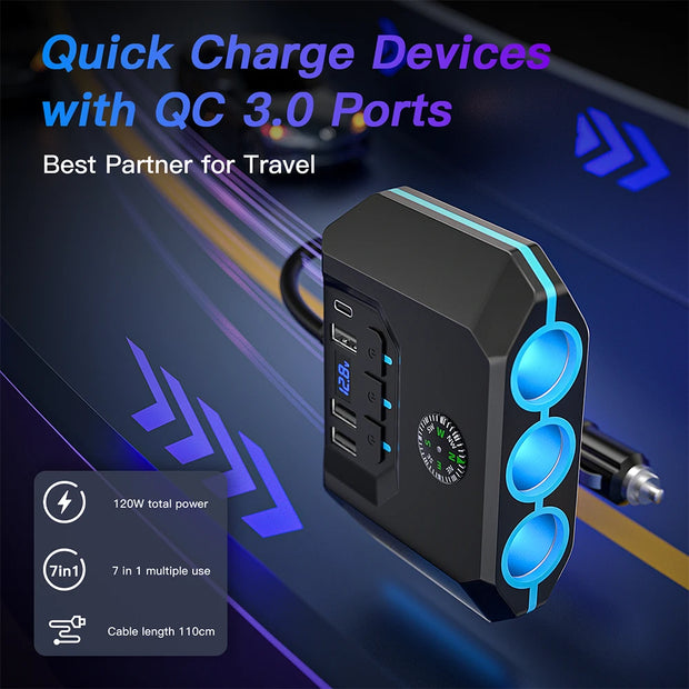 120W Car Socket Charger Adapter – USB Fast Charger Splitter with LED Voltmeter & Multi Ports