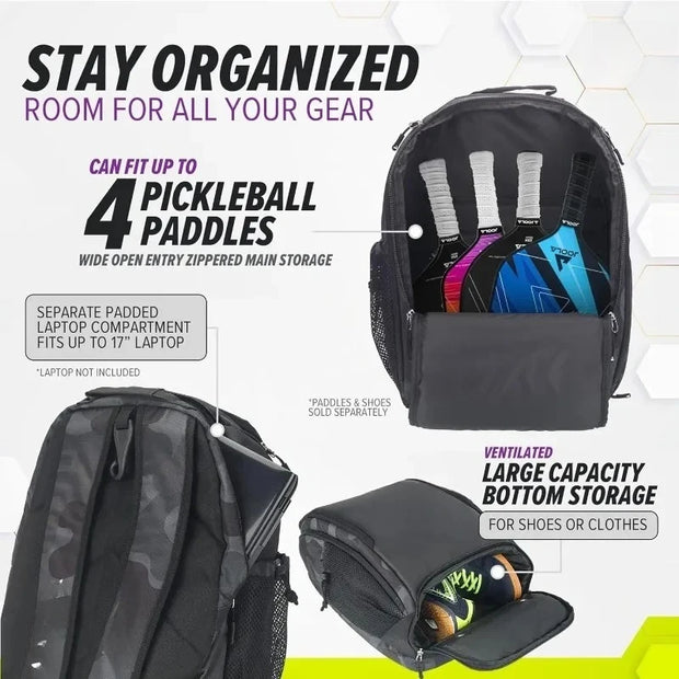 Deluxe Pickleball Backpack Large Paddle Bag Fits 4 Pickleball Paddles and Gear with Fence Hook Extra Pockets and Ventilated Design