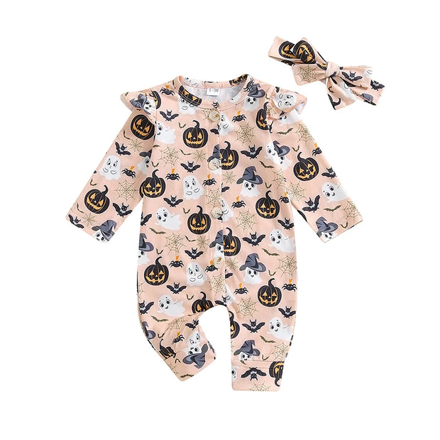 Charming Toddler Girls Halloween Costume with Ghosts and Pumpkins for Spooky Fun