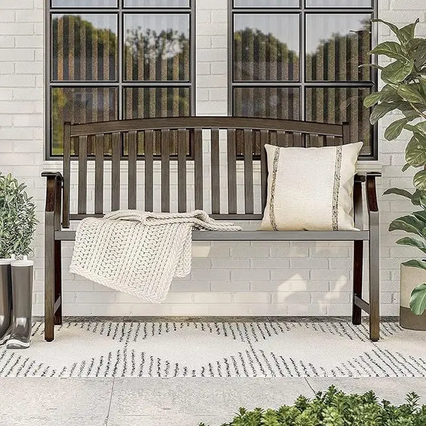 52” Farmhouse Outdoor Garden Bench – Faux Wood Grain Finish & Aluminum Backrest for Porch