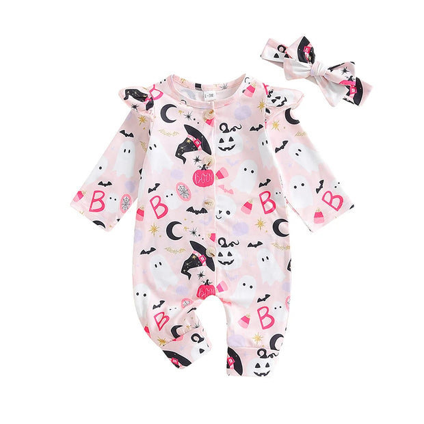 Charming Toddler Girls Halloween Costume with Ghosts and Pumpkins for Spooky Fun