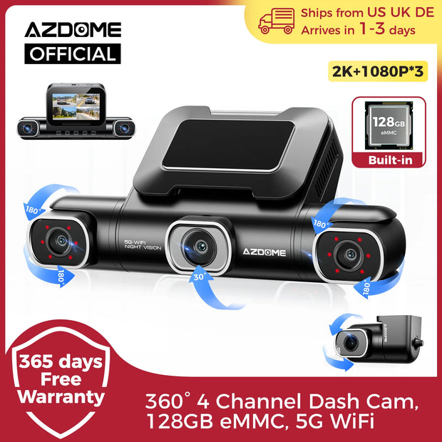 AZDOME 4 Channel Dash Cam 360 Degree View Car DVR 5G WiFi Dash Camera 2K Plus 3 1080P Built in 128GB eMMC 24 Hour Parking - My Variety Superstore 25