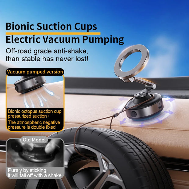 Electric Vacuum Suction Cup Car Phone Holder 360 Degree Rotation Strong Magnetic Foldable Stand for iPhone 12 to 16 Pro Xiaomi Samsung
