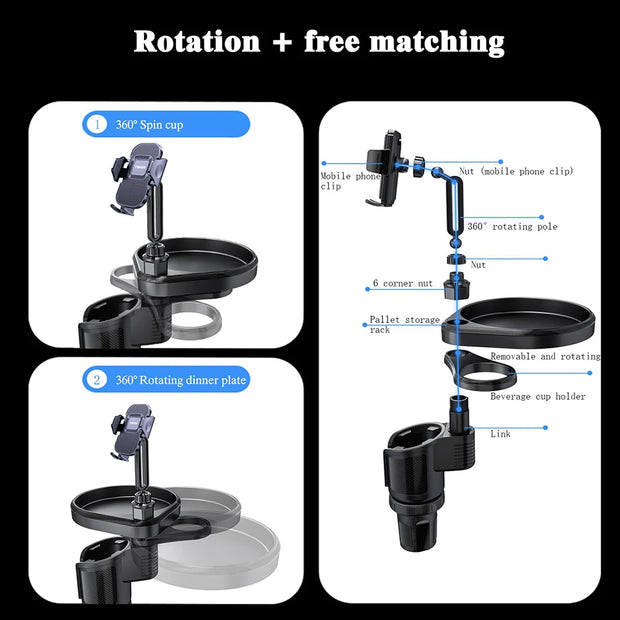 Automotive Cup Holders Expander for Car 4 in 1 Expandable Car Food Table Tray Road Trip Essentials Car Organizer
