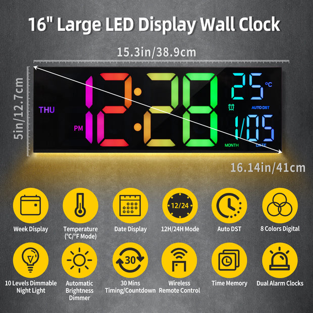 16 Inch Large Digital Wall Clock Big LED Display with Remote 8 RGB Color Alarm DST Temperature for Living Room Kitchen - My Variety Superstore 25