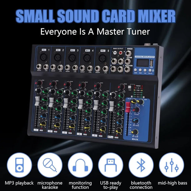 Professional 7 Channel Audio Mixer with Bluetooth 48V Phantom Power and 6 EQ Modes Compact DJ PA Sound Board for Live Performance - My Variety Superstore 25