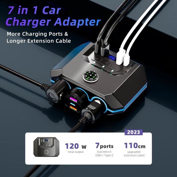 120W Car Socket Charger Adapter – USB Fast Charger Splitter with LED Voltmeter & Multi Ports