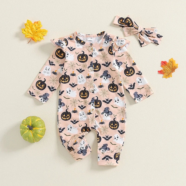 Charming Toddler Girls Halloween Costume with Ghosts and Pumpkins for Spooky Fun