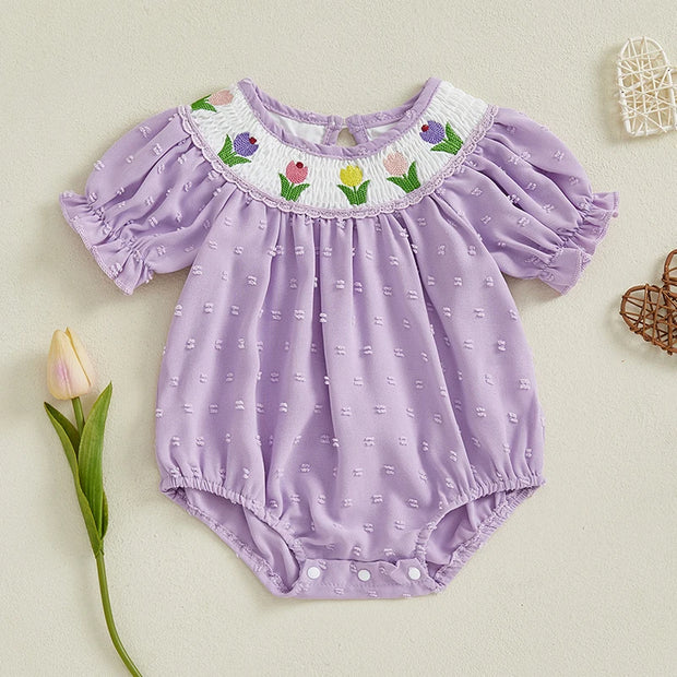 Infant floral embroidered romper – cute baby girl short sleeve jumpsuit for summer