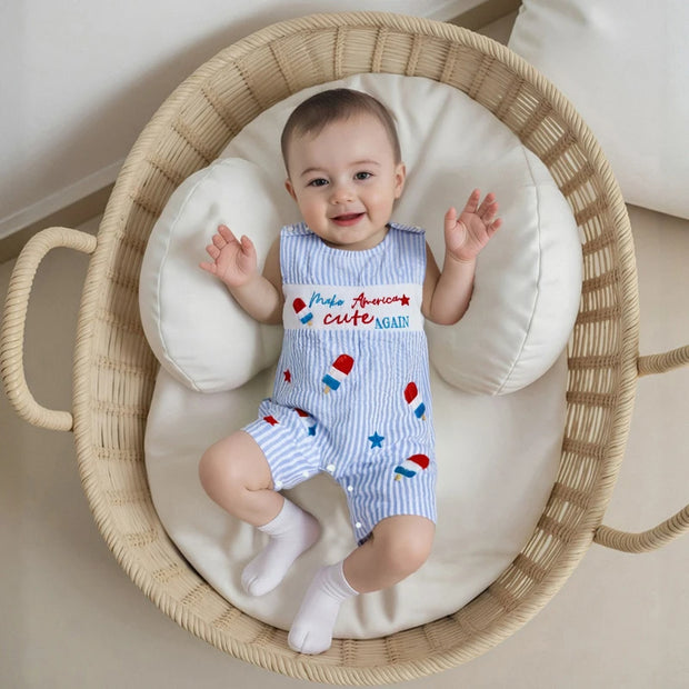 Toddler Girls 4th of July Sleeveless Romper – Popsicle Print Striped Jumpsuit with Embroidery