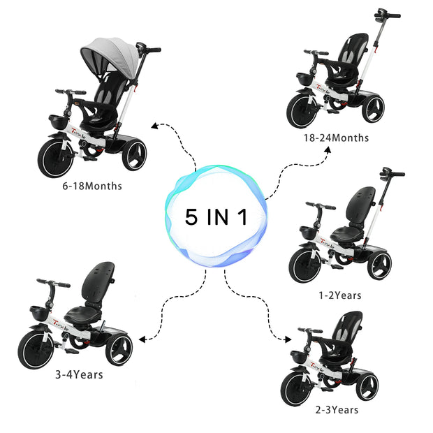 Ubravoo 5-in-1 Baby Tricycle Stroller – Adjustable Canopy, Recline Seat, for Ages 1–5