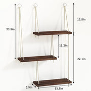 3 Tier Hanging Wall Shelves Boho Decor Rustic Wood Storage Organizer Plant Shelf Floating Display Rack Hanger Easy Install - My Variety Superstore 25