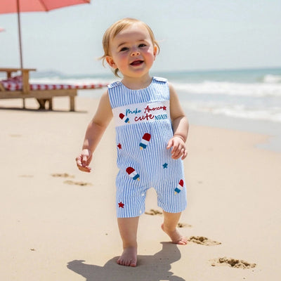 Toddler Girls 4th of July Sleeveless Romper – Popsicle Print Striped Jumpsuit with Embroidery