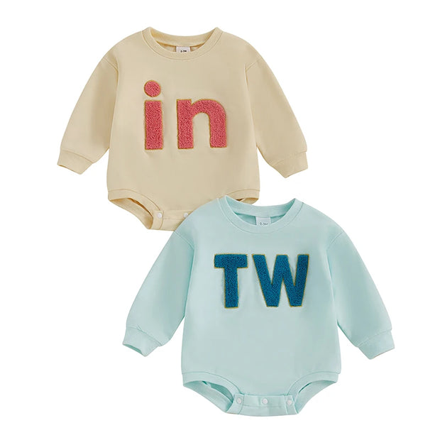 Adorable matching baby twins romper set with cozy embroidered designs for boys & girls