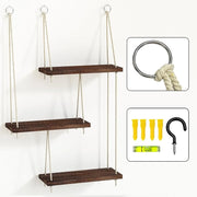 3 Tier Hanging Wall Shelves Boho Decor Rustic Wood Storage Organizer Plant Shelf Floating Display Rack Hanger Easy Install - My Variety Superstore 25
