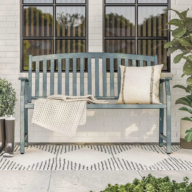52” Farmhouse Outdoor Garden Bench – Faux Wood Grain Finish & Aluminum Backrest for Porch