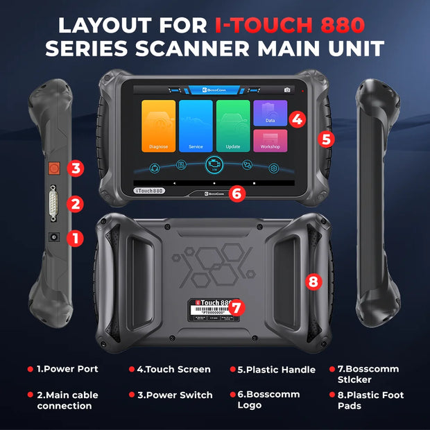BOSSCOMM iTouch 880 OBD2 Scanner Full System Automotive Scanner with 8 Reset Service and Lifetime Free Update 8 Inch Display
