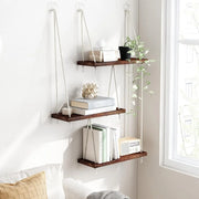 3 Tier Hanging Wall Shelves Boho Decor Rustic Wood Storage Organizer Plant Shelf Floating Display Rack Hanger Easy Install - My Variety Superstore 25