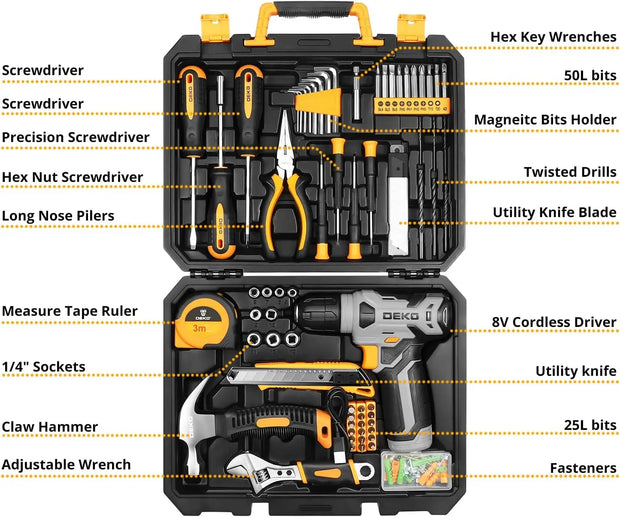 DEKO 126 Piece Power Tool Combo Kits with 8V Cordless Drill, 10MM 3/8'' Keyless Chuck, Professional Household Home Tool Kit Set - My Variety Superstore 25