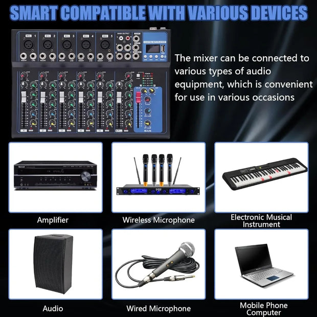 Professional 7 Channel Audio Mixer with Bluetooth 48V Phantom Power and 6 EQ Modes Compact DJ PA Sound Board for Live Performance - My Variety Superstore 25