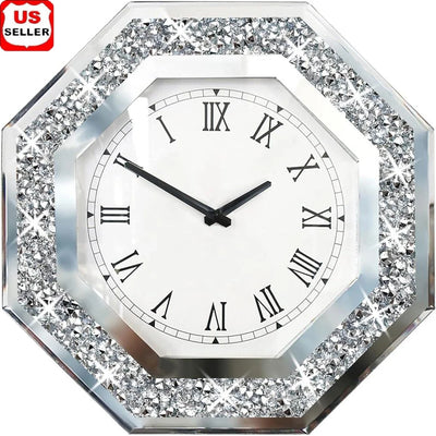 Octagon Mirror Clock Non Ticking Wall Decor Handcrafted Diamond Accent Silent Quartz Clock for Bedroom Office Study - My Variety Superstore 25