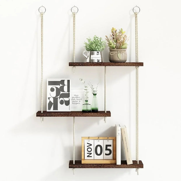 3 Tier Hanging Wall Shelves Boho Decor Rustic Wood Storage Organizer Plant Shelf Floating Display Rack Hanger Easy Install - My Variety Superstore 25