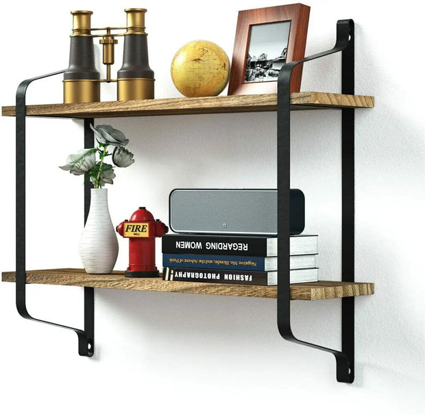 Wall Mounted Rack Display Wood Wall Shelves Rustic 2 Tier Wall Storage Shelf for Bedroom Living Room