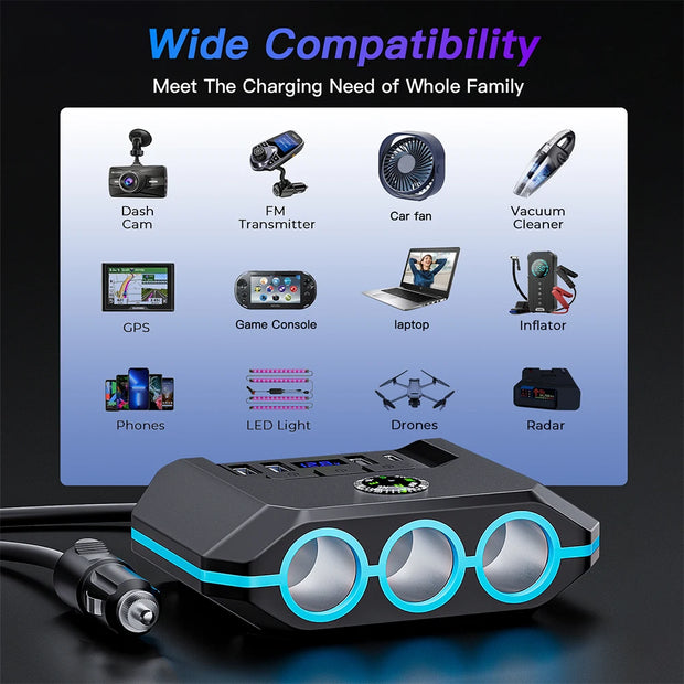120W Car Socket Charger Adapter – USB Fast Charger Splitter with LED Voltmeter & Multi Ports