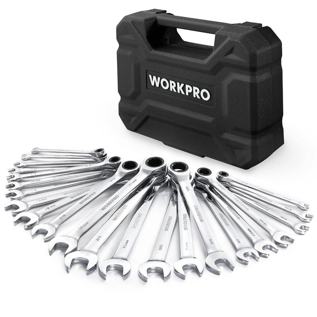 Workpro 23 Piece Ratcheting Wrench Set with Box 72 Teeth Wrench Repair Tool Set