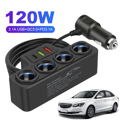 Fast Charger Plug QC3.0 PD 3.1A 12V 24V Phone Power Adapter 4 Socket 120W Car Cigarette Lighter Socket Splitter Plug 3 USB Ports
