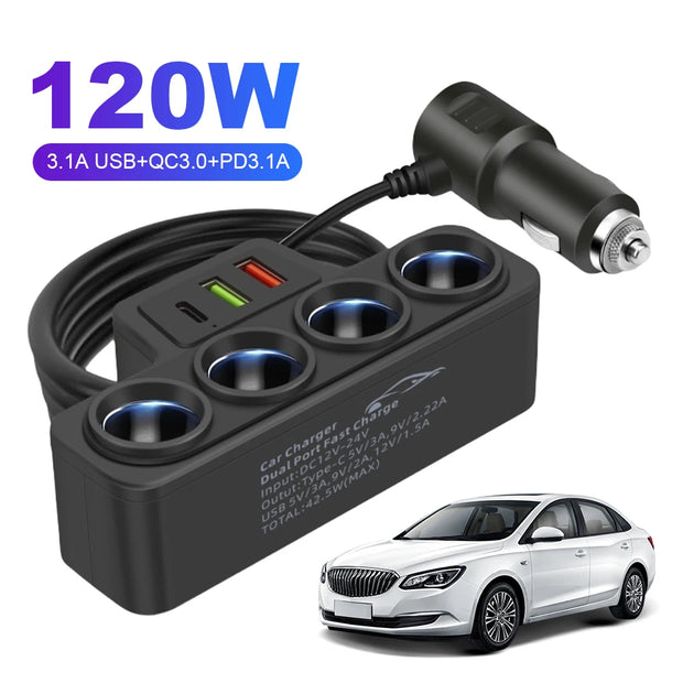 Fast Charger Plug QC3.0 PD 3.1A 12V 24V Phone Power Adapter 4 Socket 120W Car Cigarette Lighter Socket Splitter Plug 3 USB Ports