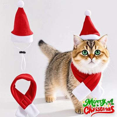 Festive Pet Costume Set Adjustable Santa Hat Scarf Fun