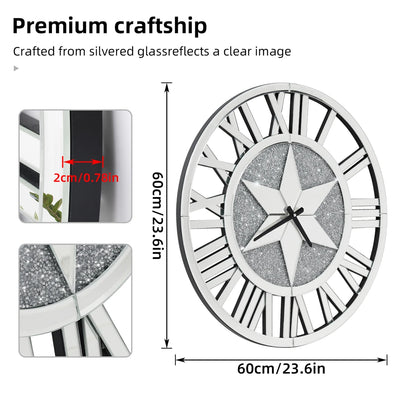 Large Mirrored Wall Clock 60CM Round Beveled Roman Numeral Skeleton Clock for Family Living Room Fireplace Decor - My Variety Superstore 25