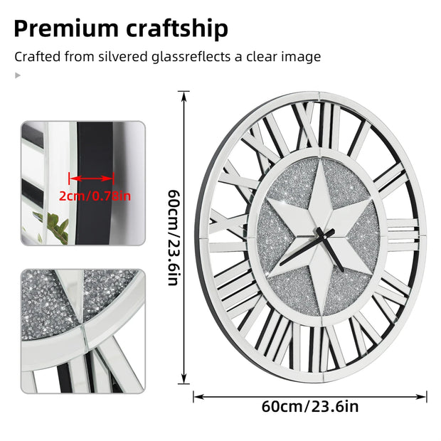 Large Mirrored Wall Clock 60CM Round Beveled Roman Numeral Skeleton Clock for Family Living Room Fireplace Decor - My Variety Superstore 25